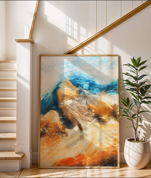 Paisaje abstracto con tonos azules y dorados