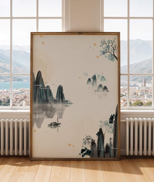Serene watercolor landscape with mountains and river