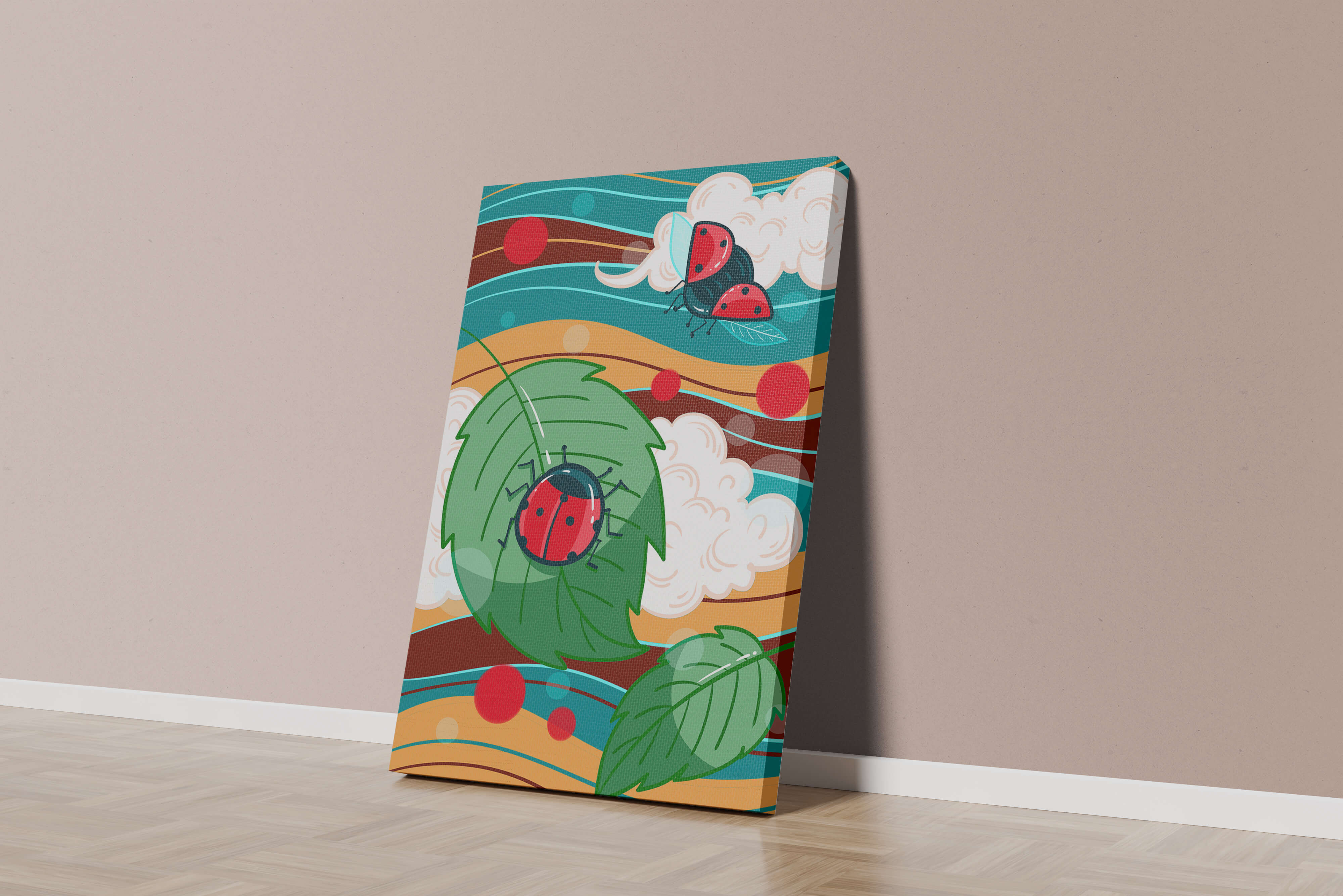 Colorful illustration of ladybugs in a whimsical natural setting