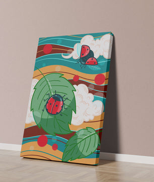 Ilustración colorida de mariquitas en un entorno natural caprichoso