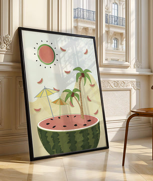 Summer Paradise with Watermelon Sun and Palms in Surreal Landscape