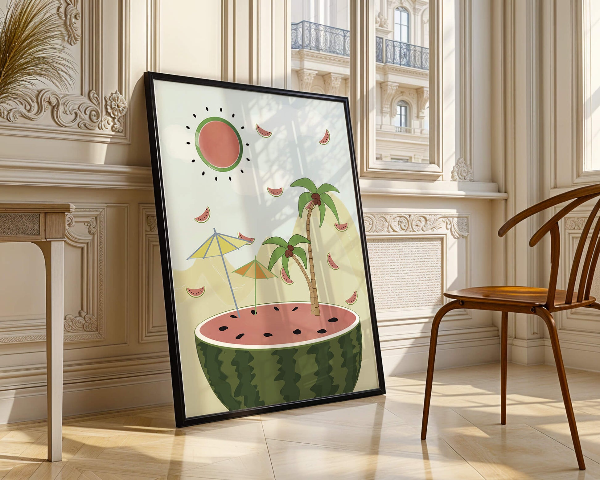 Summer Paradise with Watermelon Sun and Palms in Surreal Landscape