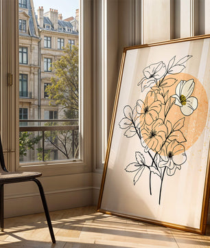 Ilustración floral minimalista con tonos pastel y fondos abstractos
