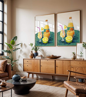 Colorful illustration of citrus drinks with bottle and glass