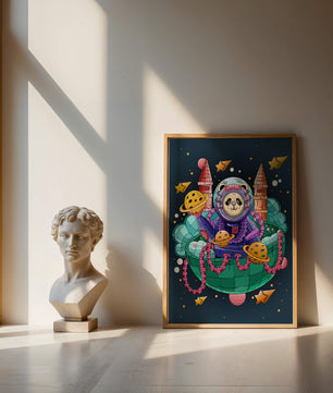 Whimsical space panda illustration with planets and stars