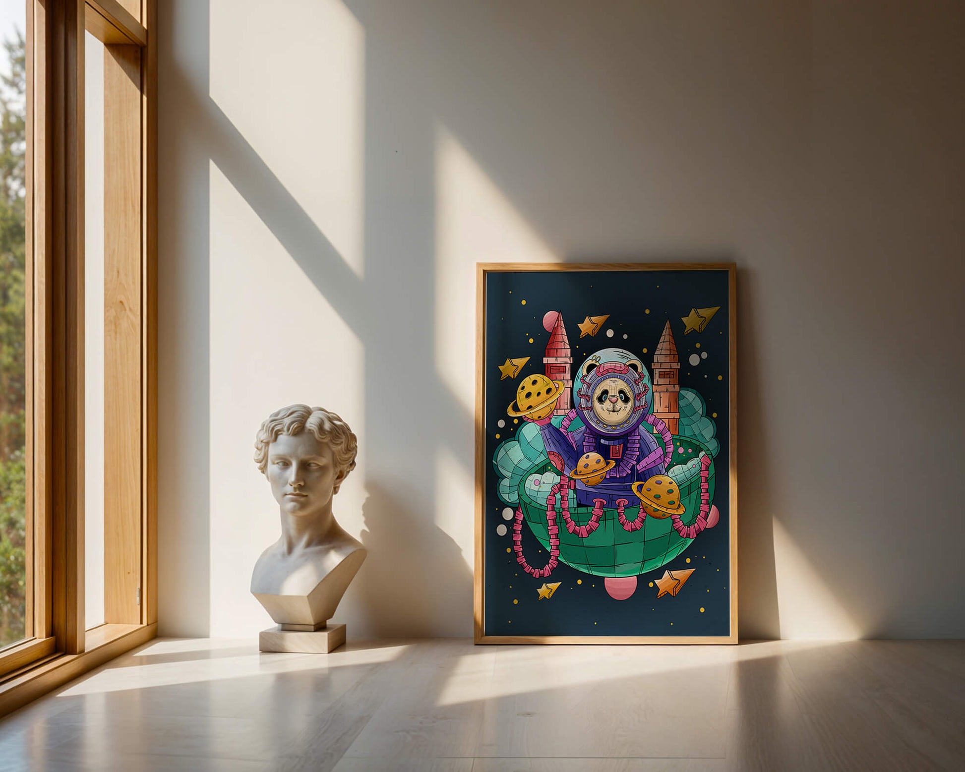 Whimsical space panda illustration with planets and stars