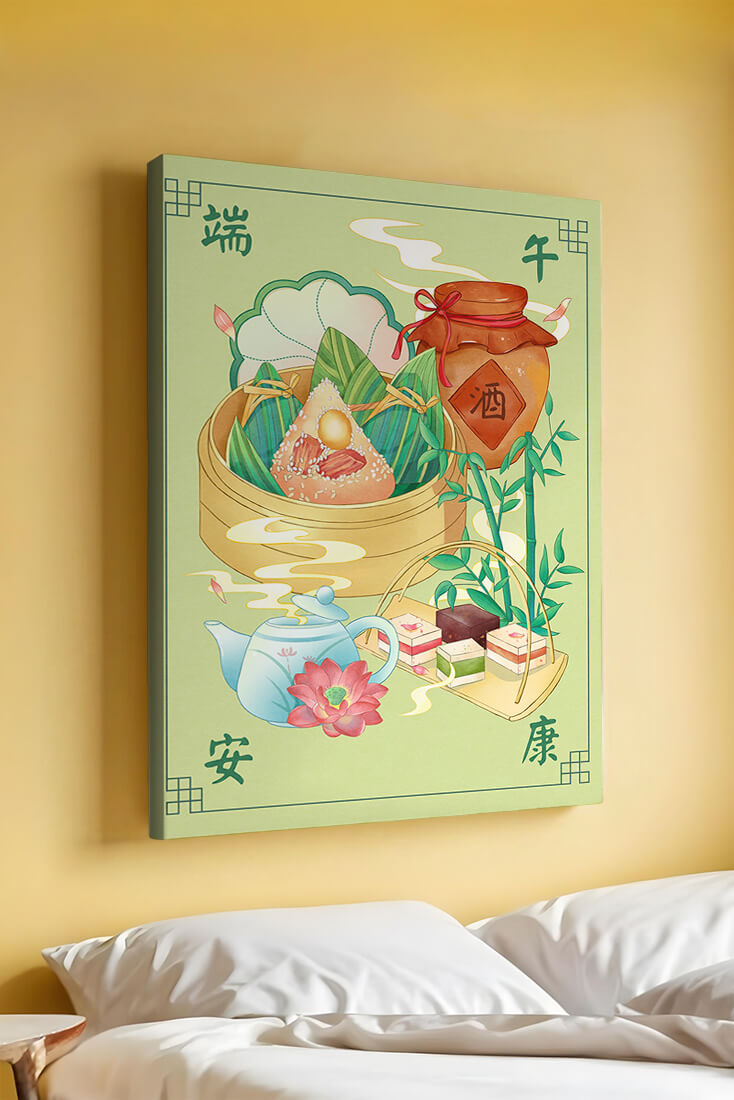 Chinese festive food illustration featuring traditional rice dumplings and tea set
