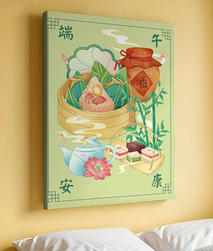 Illustration de nourriture festive chinoise mettant en scène des zongzi traditionnels et un service à thé