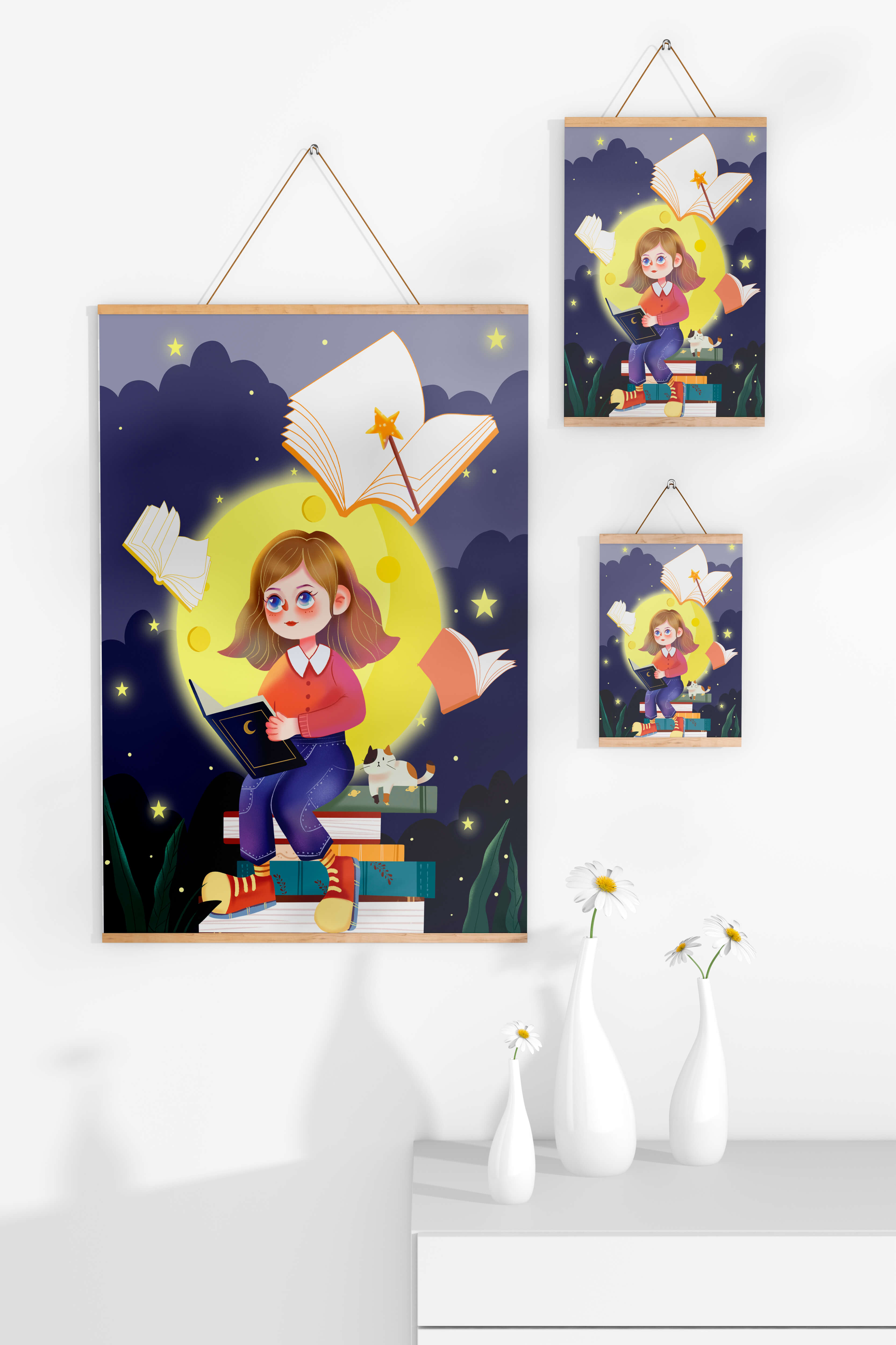 Illustration of a girl reading books under a starry night sky