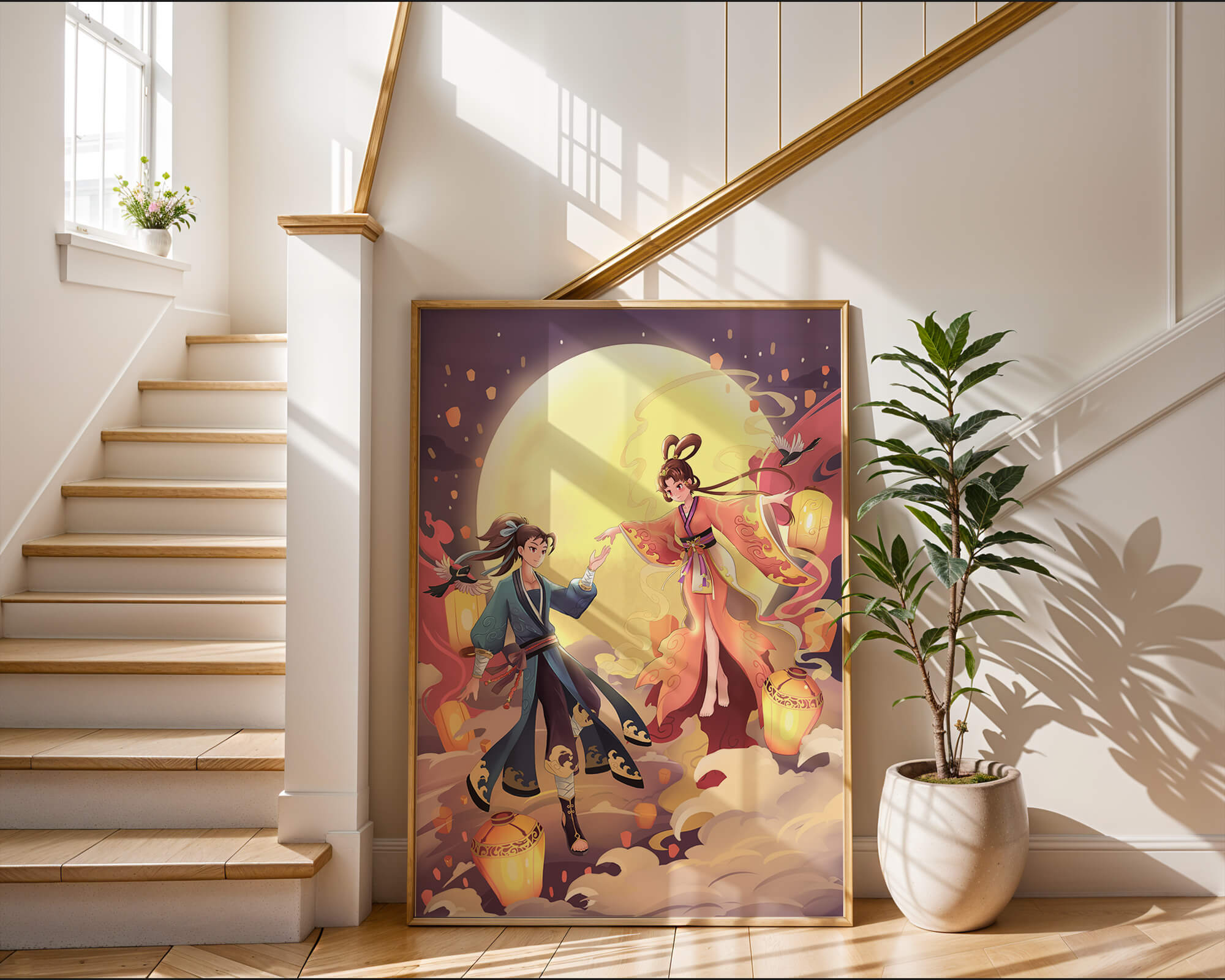 Elegant moonlit fantasy scene with traditional attire