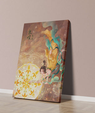Figura celestial elegante con aura dorada y motivos florales