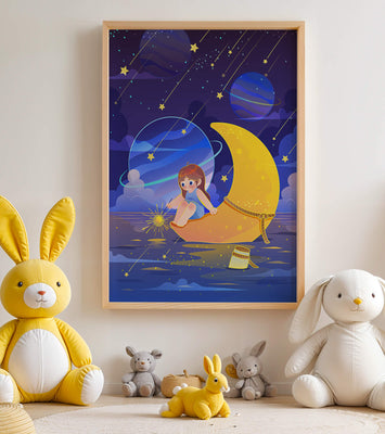Whimsical child sitting on a crescent moon amidst a starlit cosmic scene