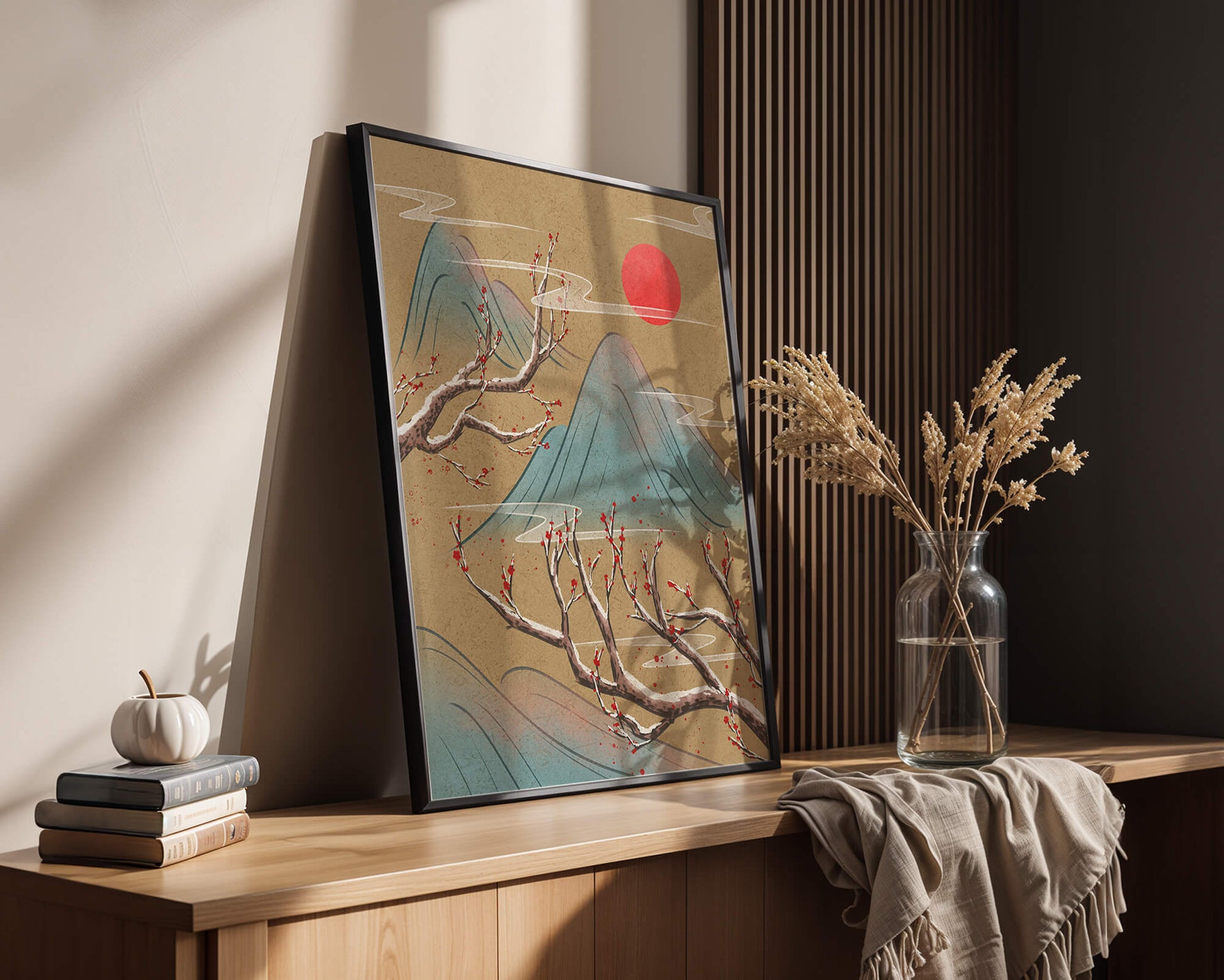 Tranquil landscape with cherry blossom and red sun