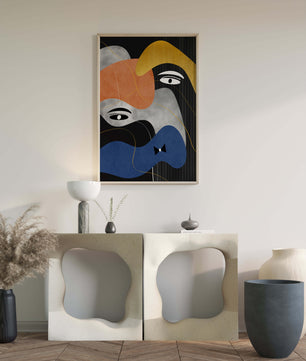 Abstract geometric art with bold colors and gold accents