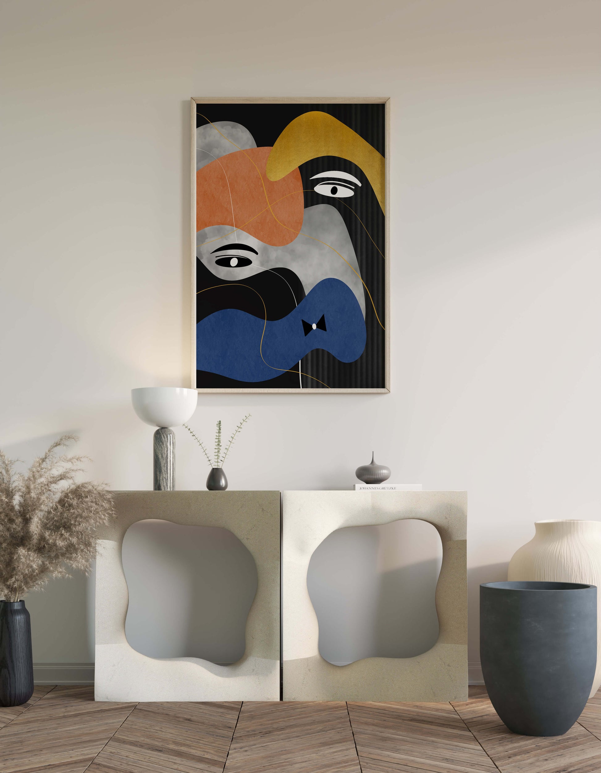 Abstract geometric art with bold colors and gold accents