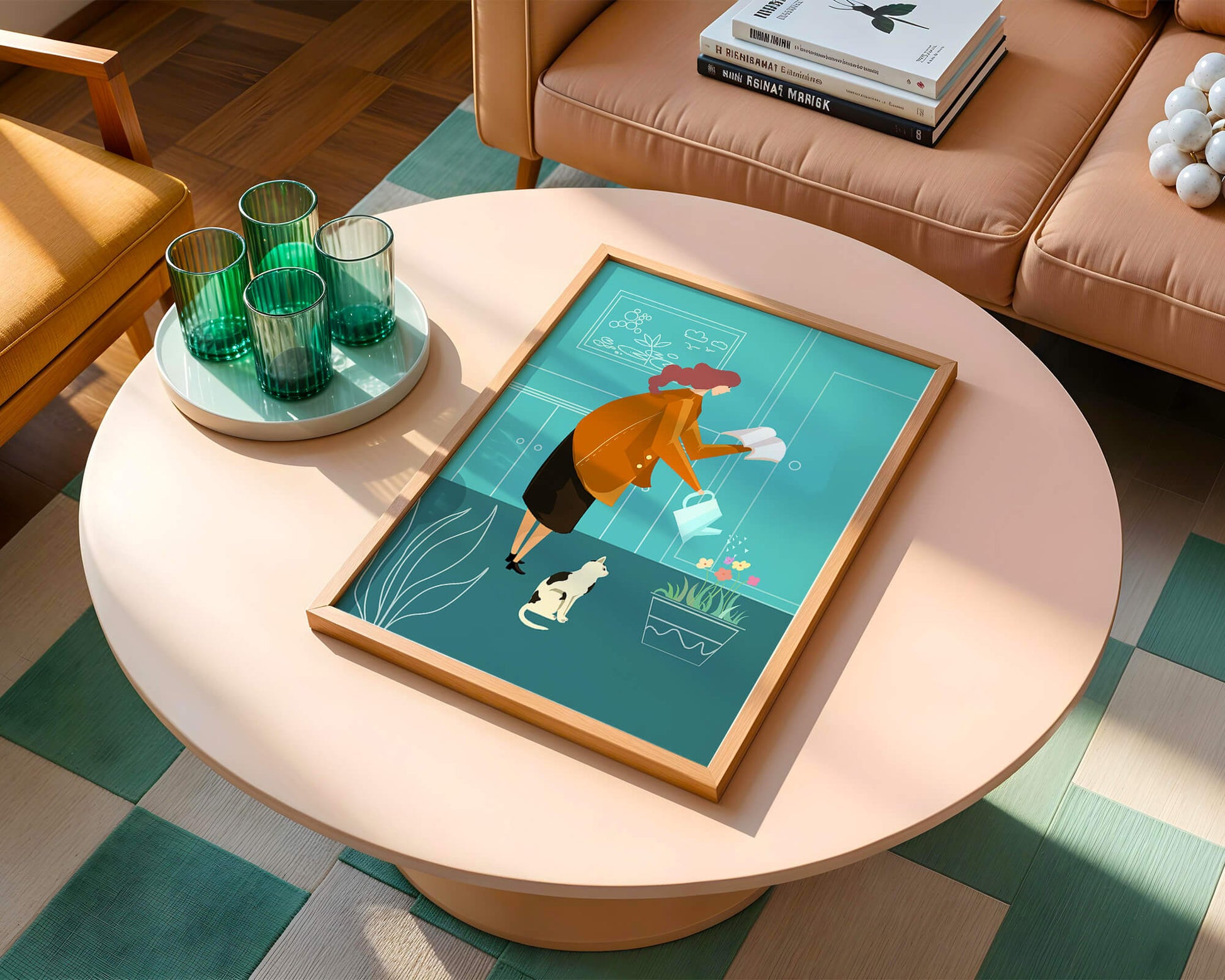 Mujer regando flores con un gato en un interior moderno