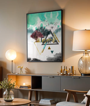 Abstract Geometric Landscape with Vibrant Trees and Birds - Mi tienda