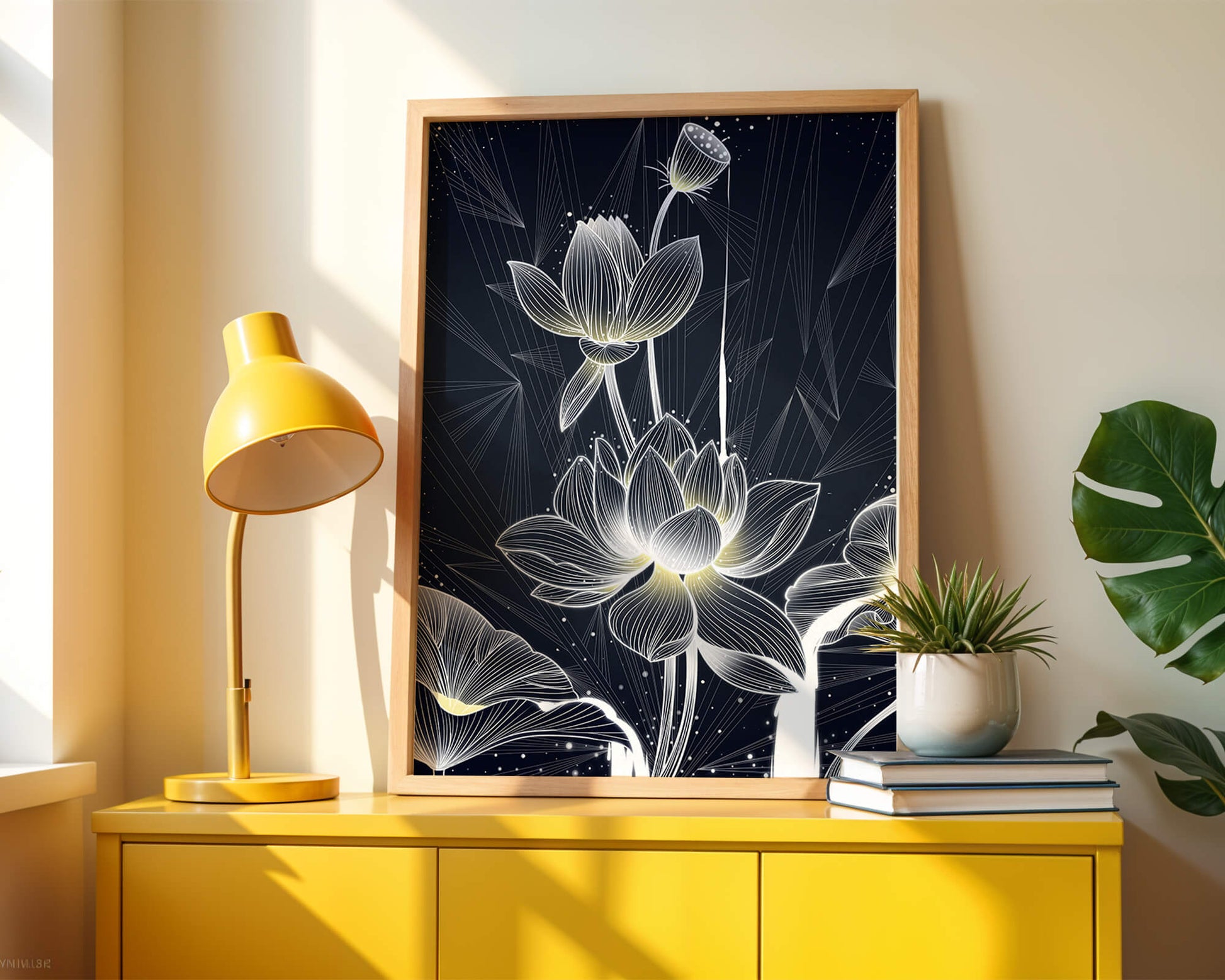 Elegant Lotus Flower Illustration with Geometric Background