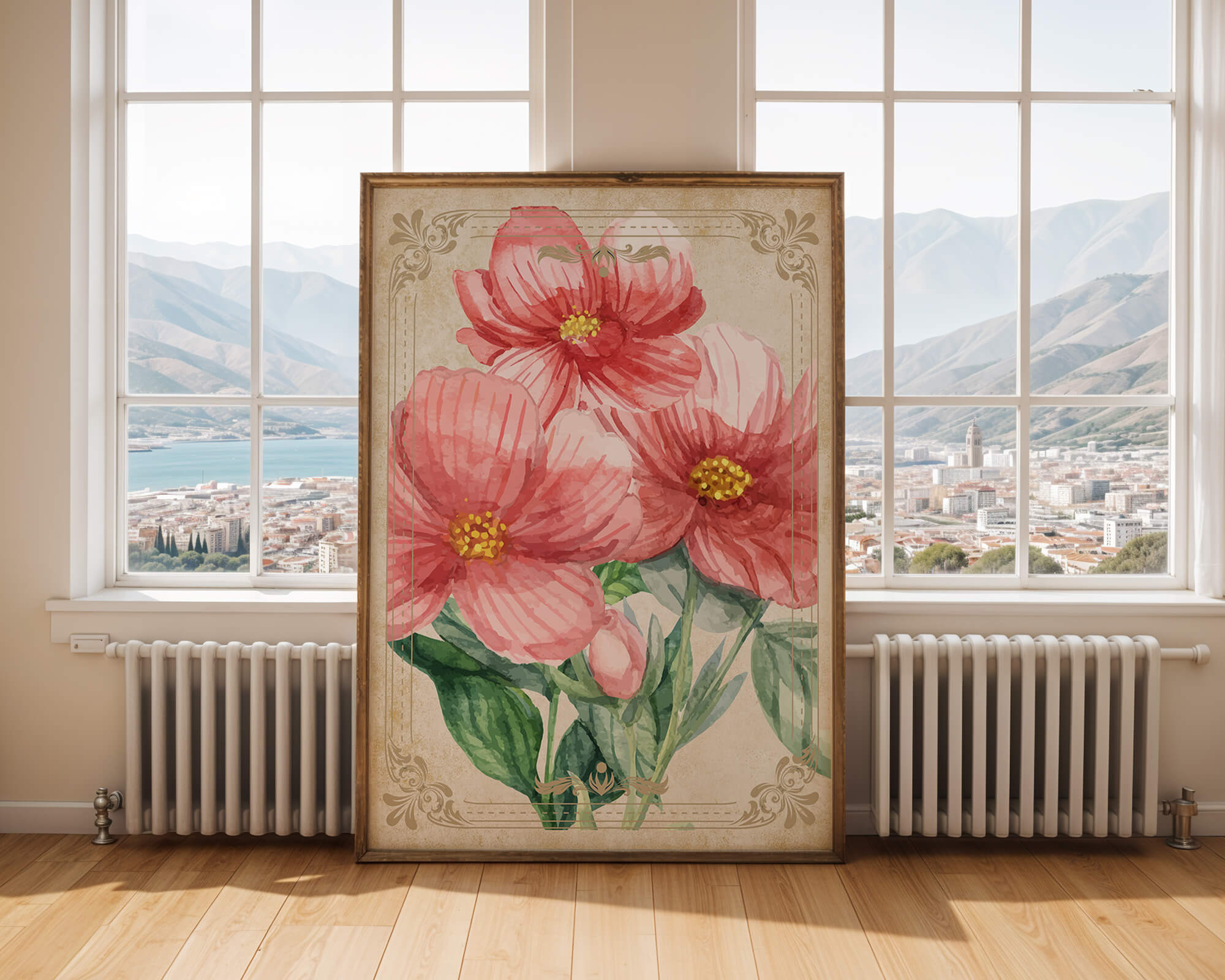 Watercolor floral illustration with pink blooms and green foliage