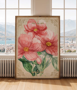 Watercolor floral illustration with pink blooms and green foliage