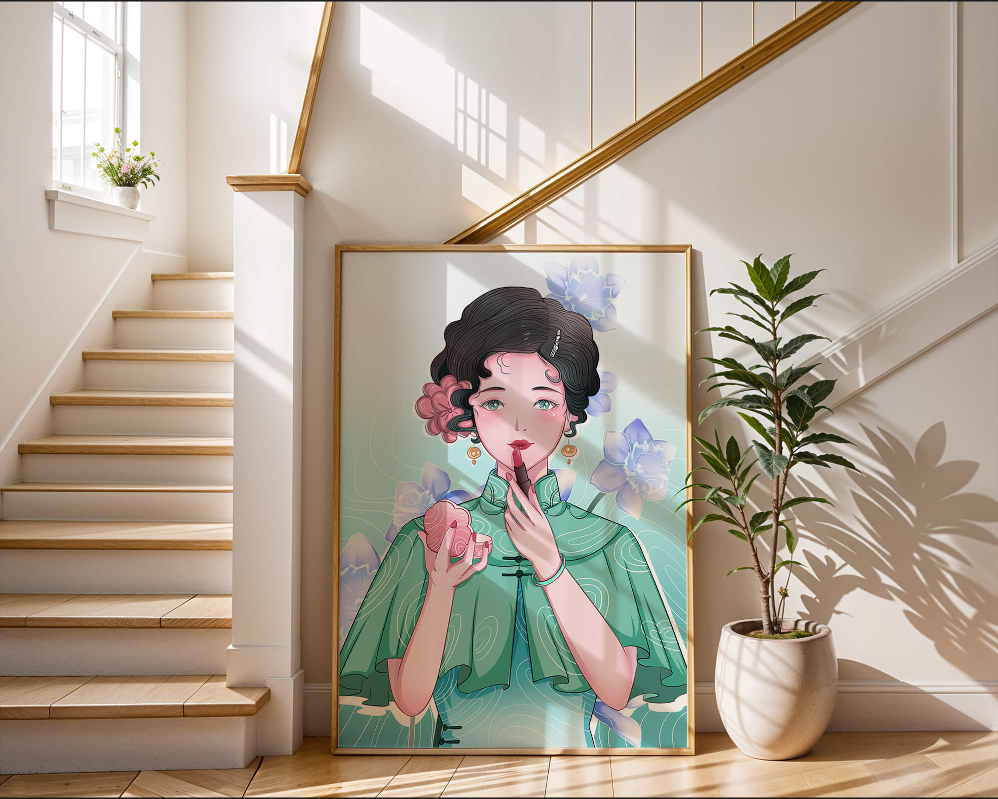 Woman applying lipstick with elegant floral background