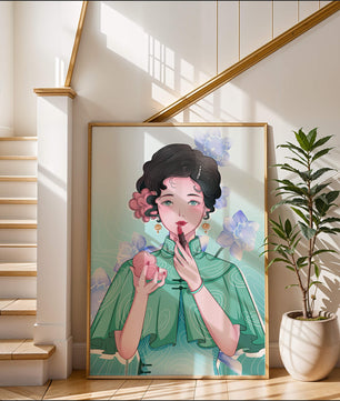 Woman applying lipstick with elegant floral background
