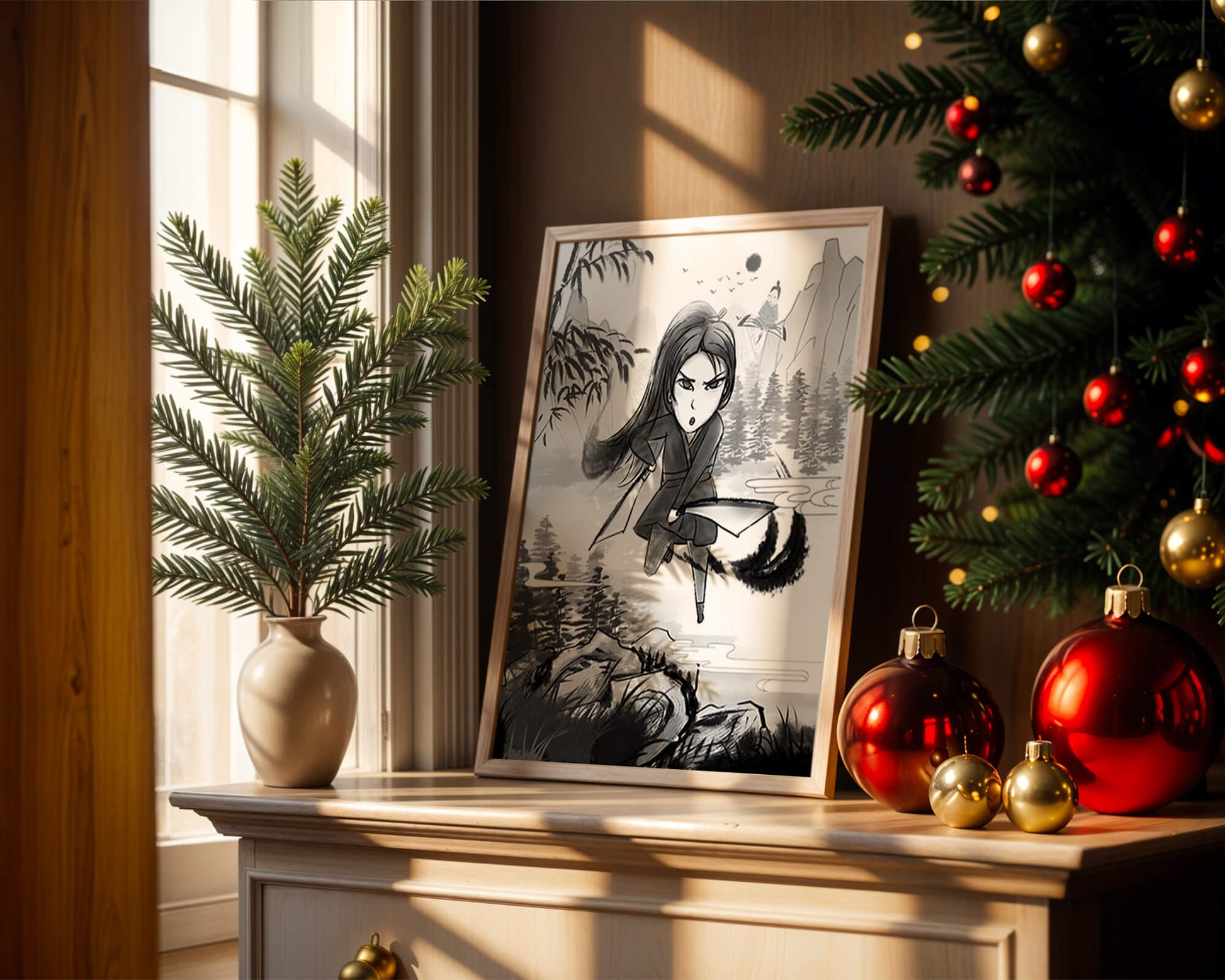 Warrior In A Mystical Landscape With Mountains And Rivers