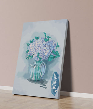 Aquarell Hortensien in einer Glasvase mit chinesischen Schriftzeichen