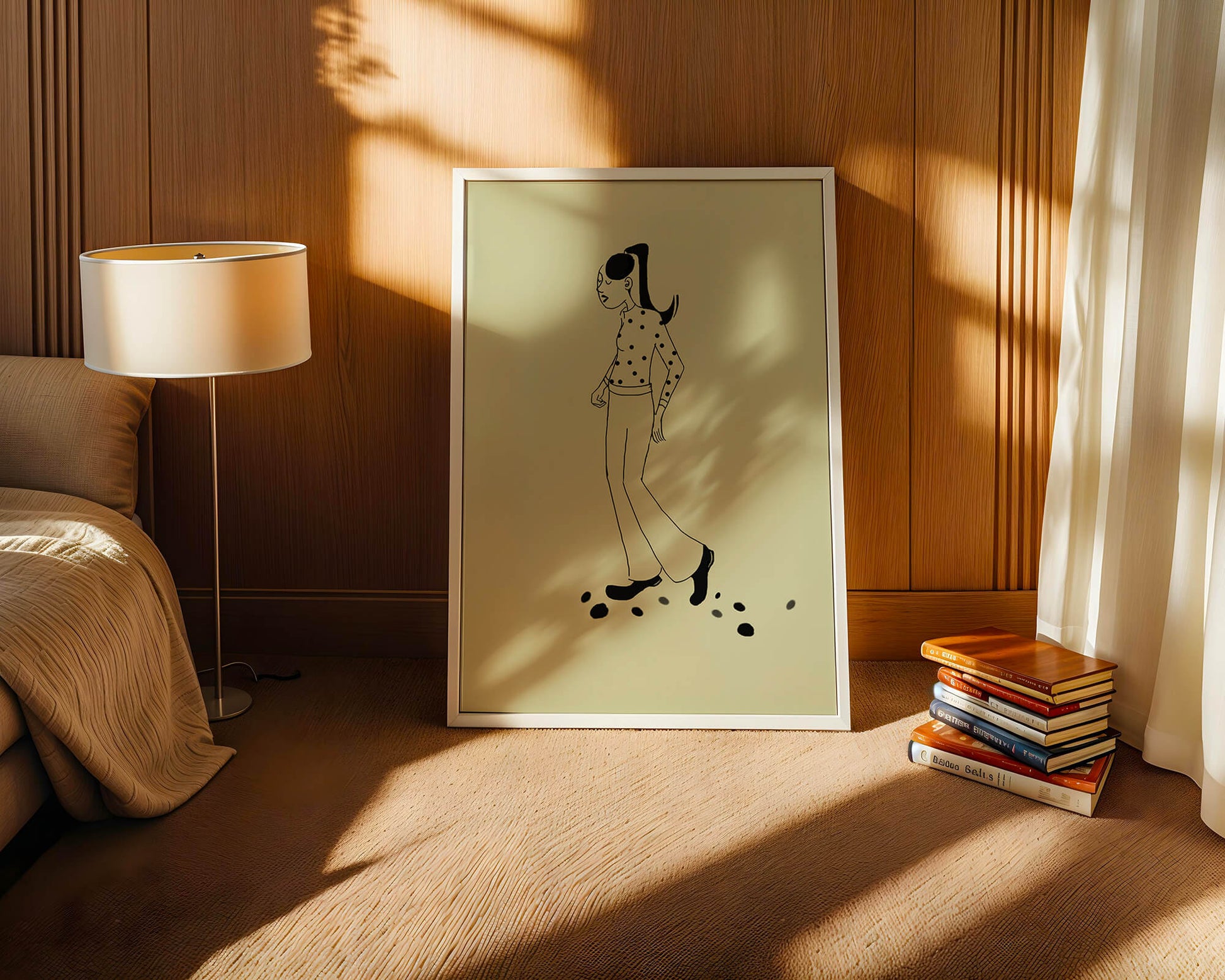 Illustration of a person walking in a polka dot shirt with ponytail