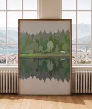 Forest landscape with a white horse and reflection in a tranquil pond