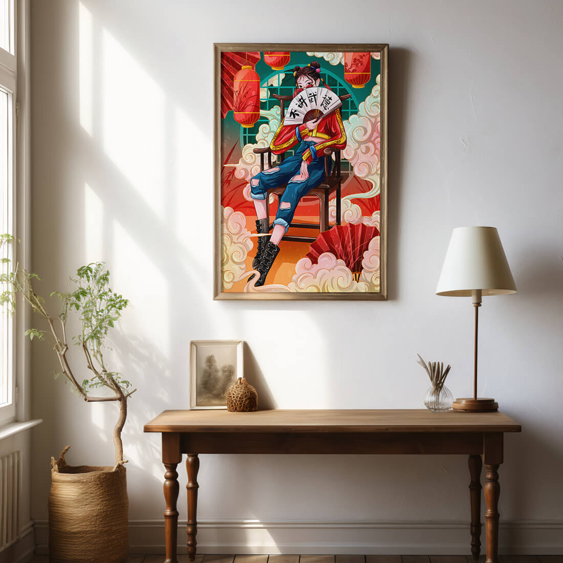 Female character with fan in colorful oriental setting
