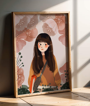 Ilustración de una niña con flores en tonos pasteles suaves