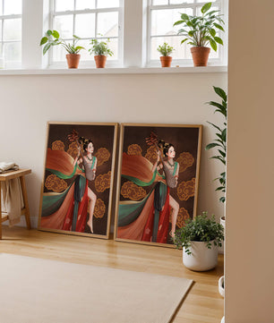 Elegante representación de una mujer tocando un instrumento de cuerda tradicional con ropajes fluidos y fondo ornamentado