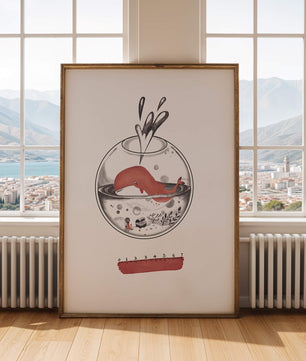 Ilustración de una ballena dentro de una pecera con una regla rosa