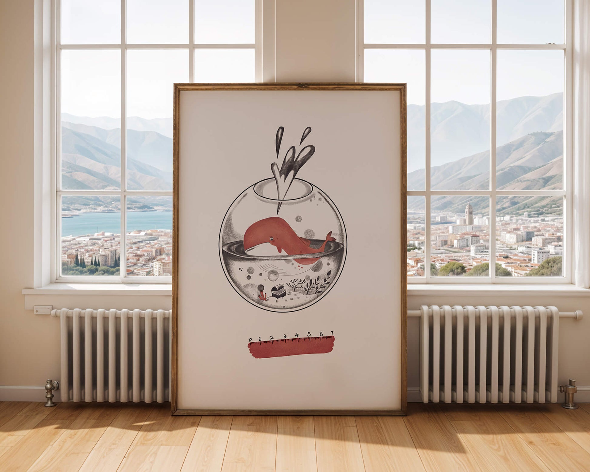 Illustration of a whale inside a fishbowl with a pink ruler