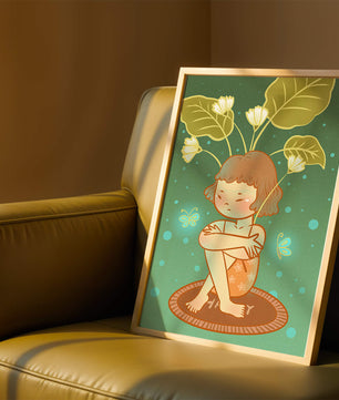 Ilustración de un niño con tocado floral y mariposas