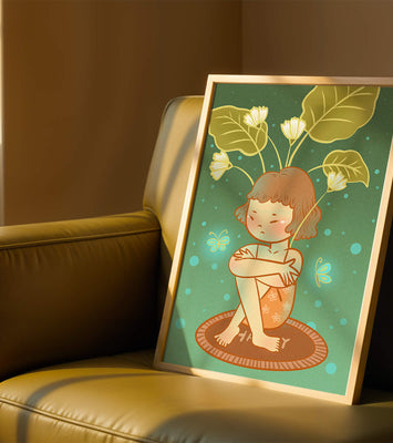 Child with floral headpiece and butterflies illustration