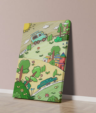 Whimsical landscape with houses, cars, and colorful flora