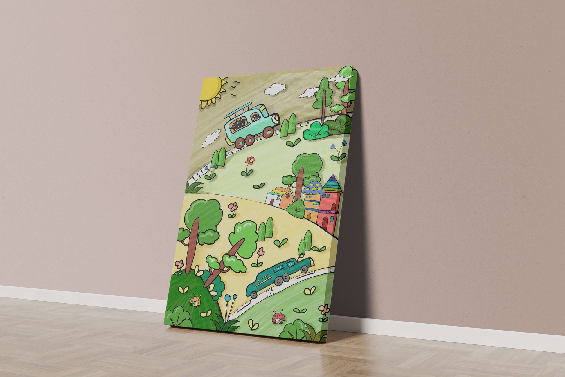 Whimsical landscape with houses, cars, and colorful flora