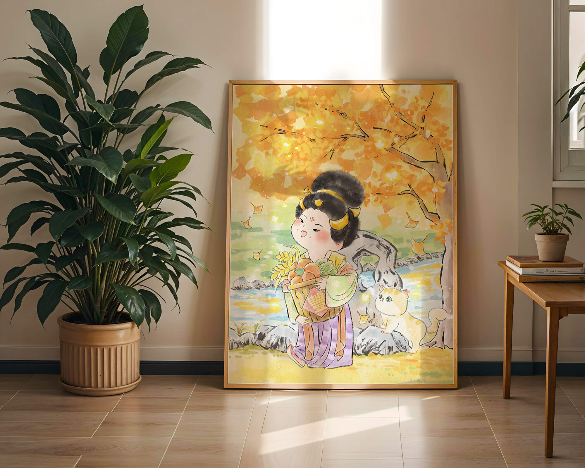 Charming watercolor scene of girl with basket in autumn setting