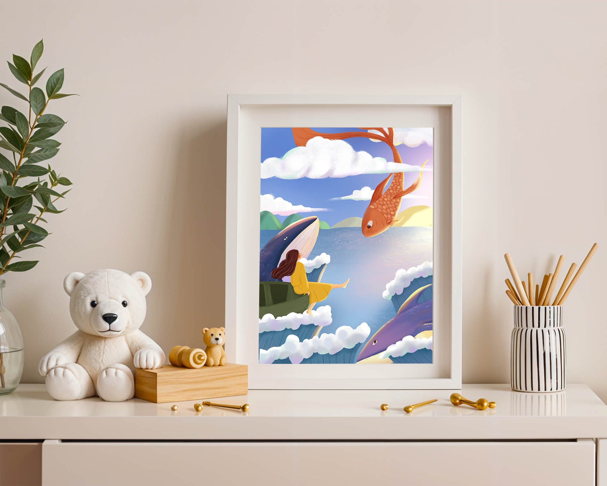 Dreamlike scene with marine life and floating figure in the sky