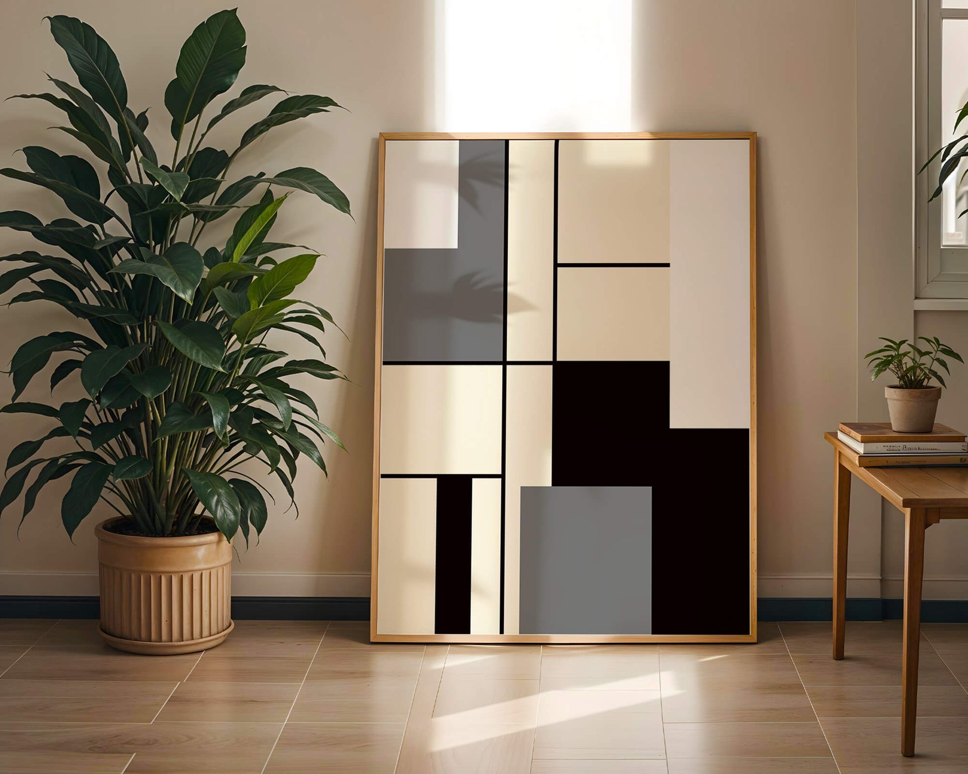 Abstract geometric design with muted shades and bold lines