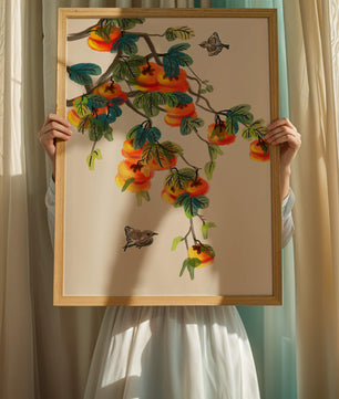 Branch with vibrant persimmons and birds illustration