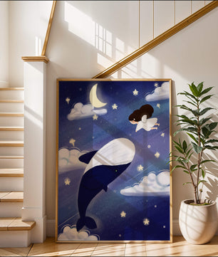 Whimsical night scene with flying angel and whale