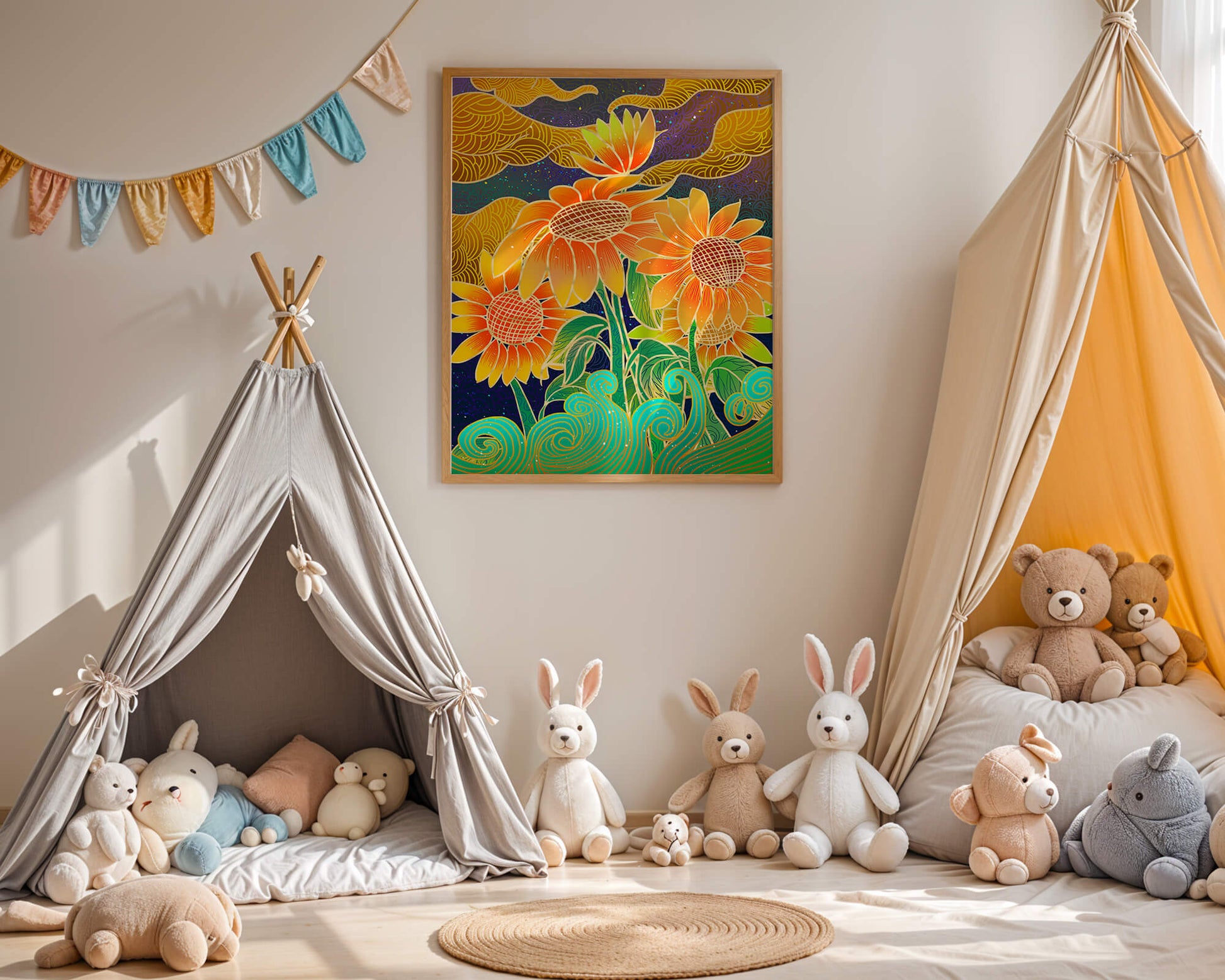 Vibrant sunflowers with intricate background patterns