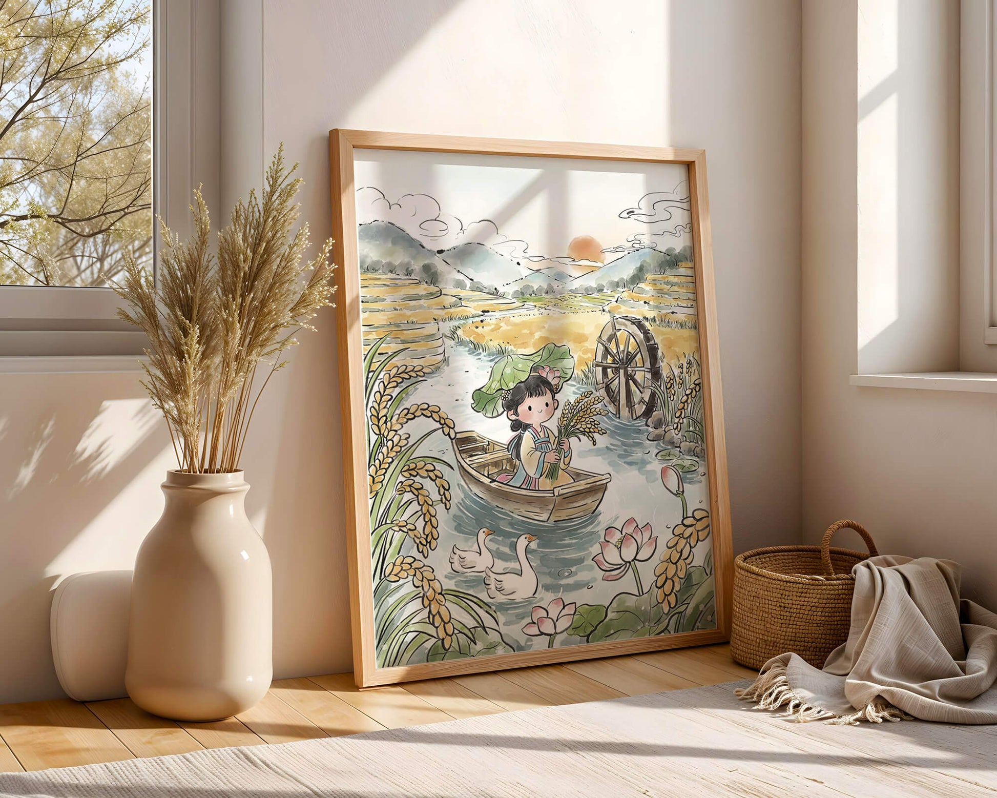 Niña en un bote con campos de arroz y atardecer de fondo