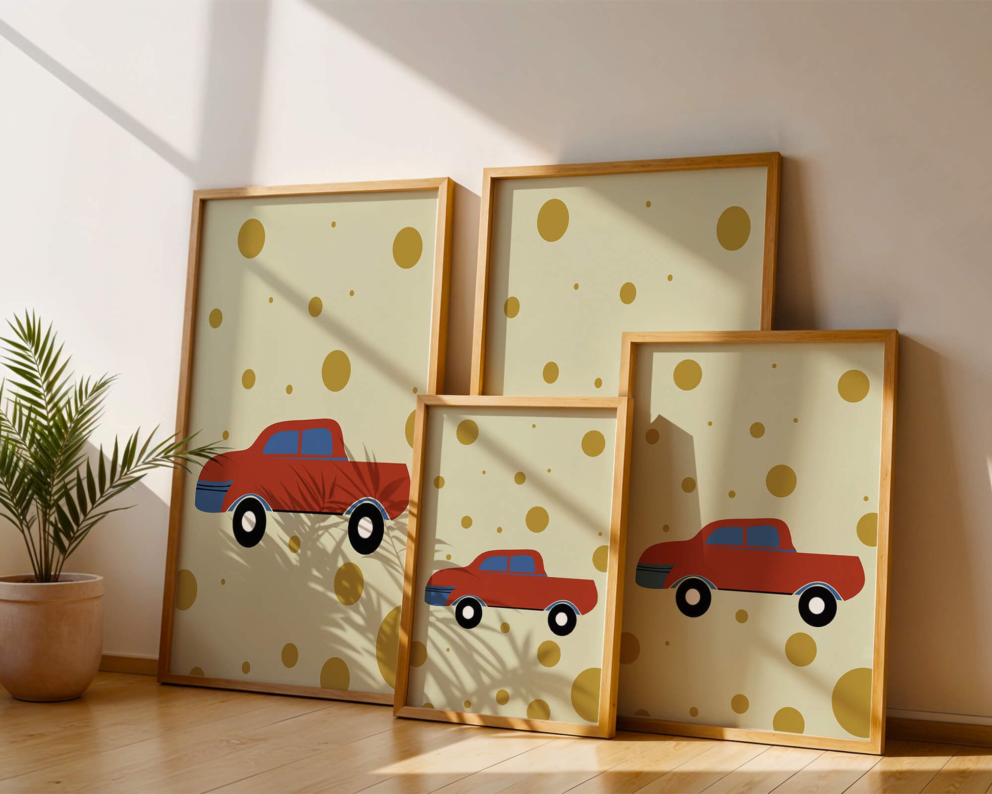 Abstract illustration of a red car with golden circles on a beige background