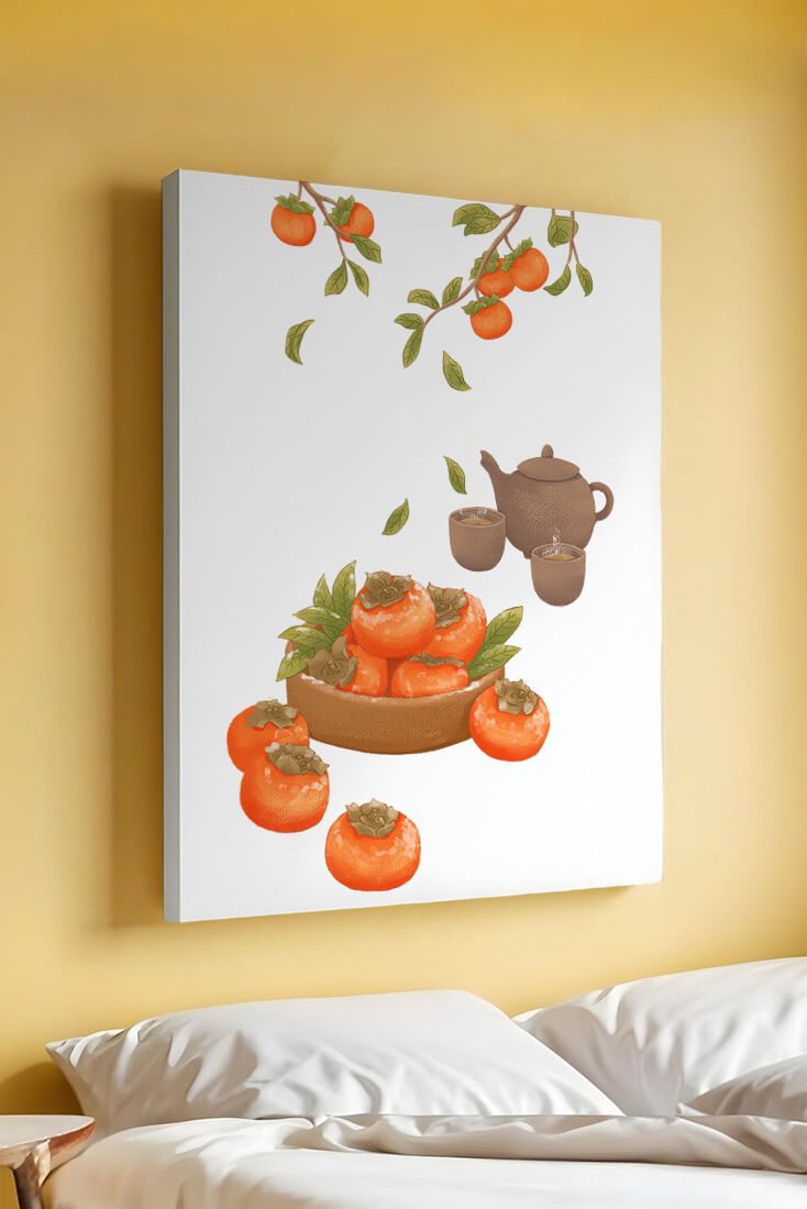 Cozy tea setting with persimmons and branches