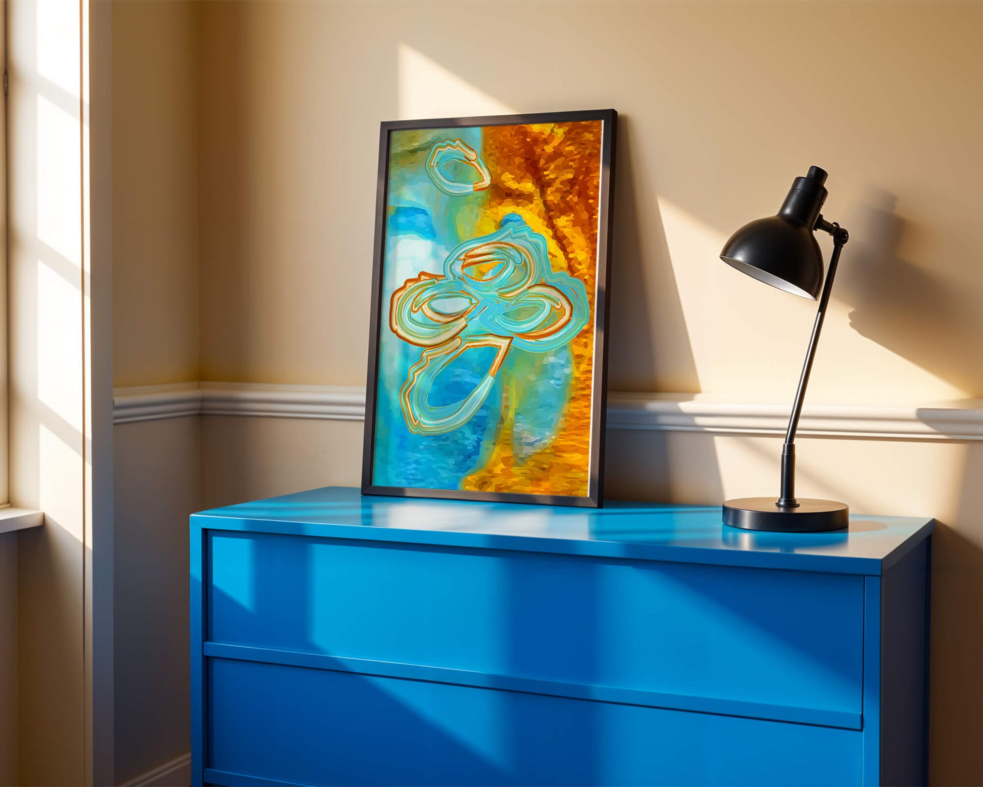 Abstract vibrant swirls in blue and orange colors