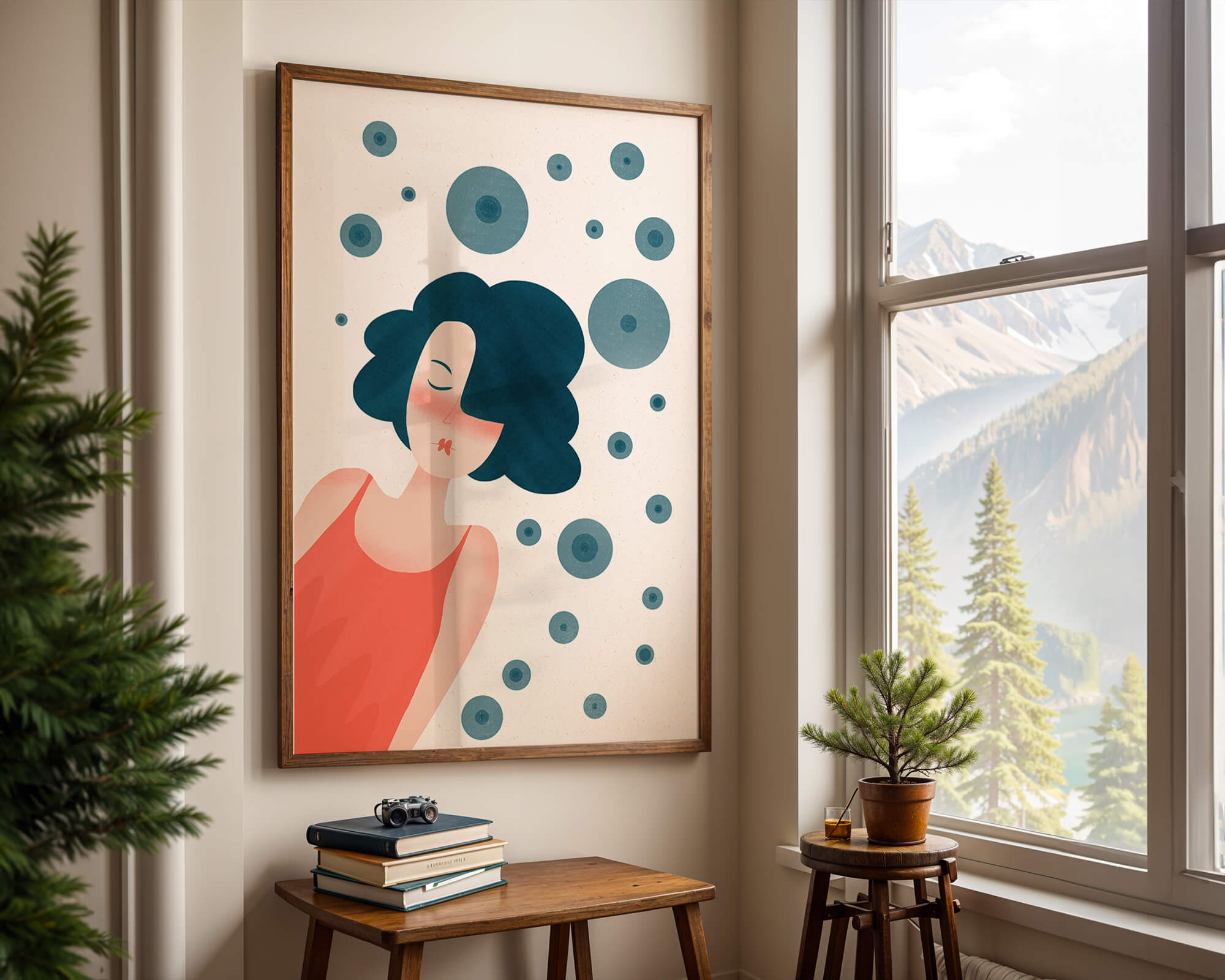 Dreamy Female Portrait with Abstract Circles in Modern Art Style - Mi tienda